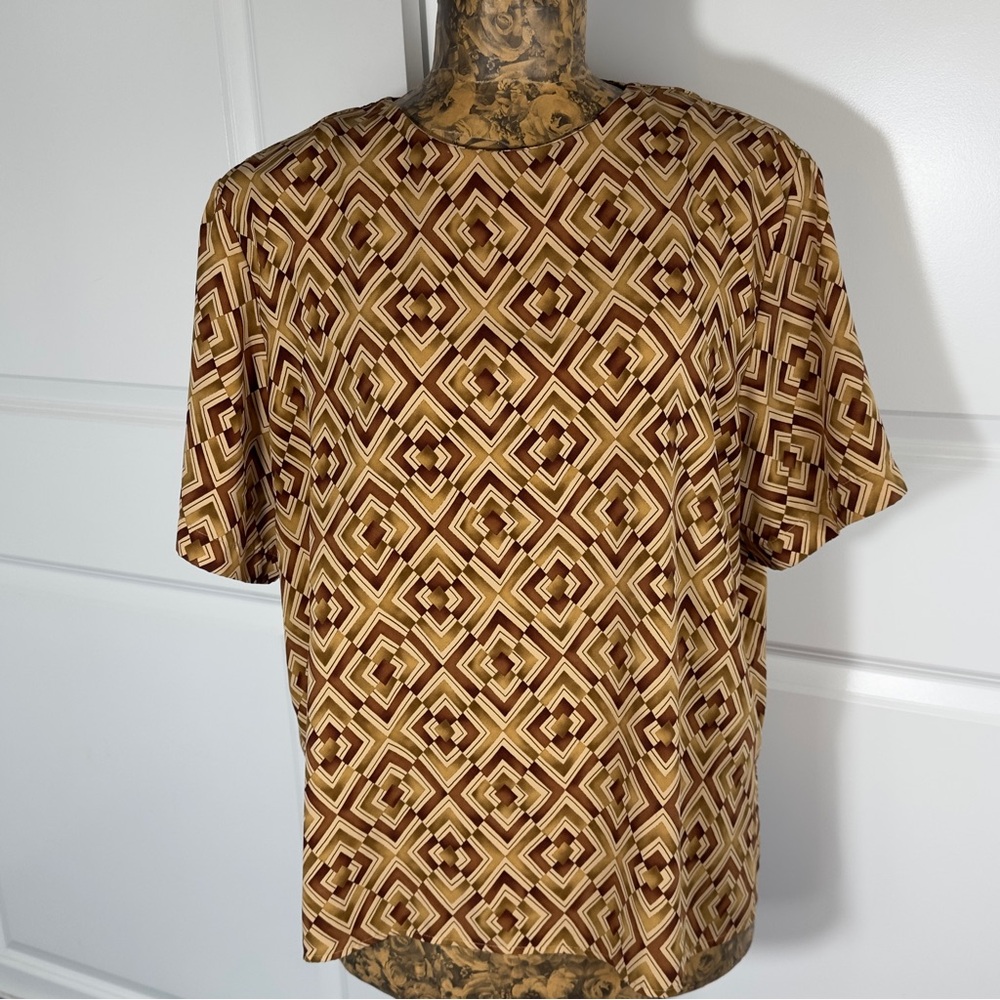 Ashley Stewart Geometric Print Short Sleeve Top in Brown and Tan